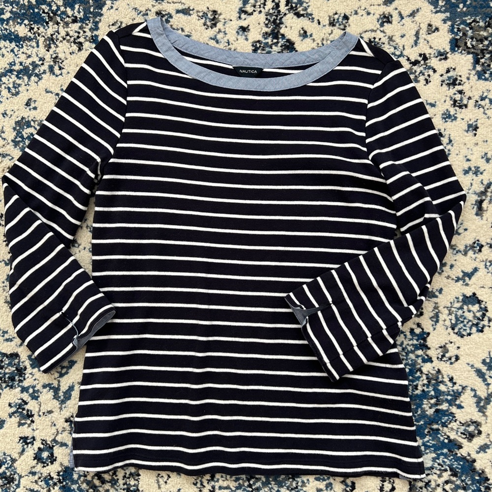 Blue and white striped blouse